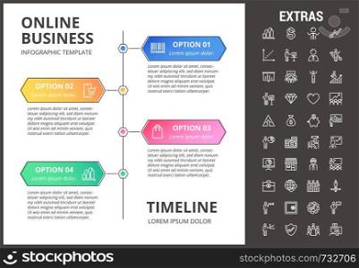 Online business timeline infographic template, elements and icons. Infograph includes options with years, line icon set with money, online market, business person, mobile shop, global network etc.. Online business infographic template and elements.