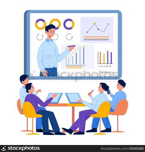 Online business training, business coach distance conference. E-learning, online teamwork presentation vector illustration. Video conference concept business online training. Online business training, business coach distance conference. E-learning, online teamwork presentation vector illustration. Video conference concept