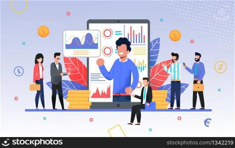 Online Business Training, Coach or Forex Expo Metaphor. Coacher or Teacher on Phone Screen with Graphs and Charts Conducting Trade Course for Businesspeople Crowd. Flat Vector Illustration. Online Business Training, Coach or Forex Expo