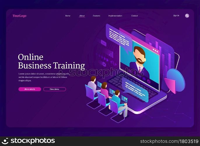 Online business training isometric landing page, tiny business people studying and communicate via internet video call at huge laptop. Virtual conference, meeting, education, 3d vector web banner. Online business training isometric landing page