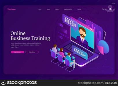 Online business training isometric landing page, tiny business people studying and communicate via internet video call at huge laptop. Virtual conference, meeting, education, 3d vector web banner. Online business training isometric landing page