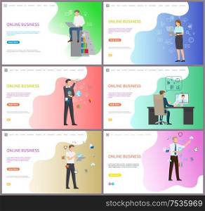 Online business usage of computers and laptop vector. Businessman interacting with global network, cogwheels symbol of process and progress technology. Online Business Usage of Computers and Laptop