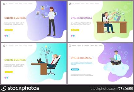 Online business, woman and man with laptops set vector. People browsing web, searching for information and data to solve problems, workers at job. Online Business, Woman and Man with Laptops Set