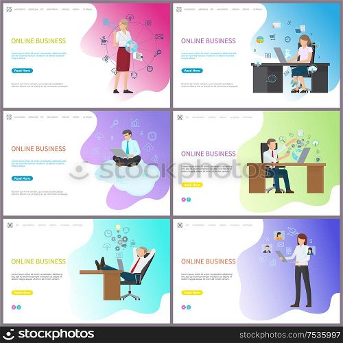Online business, woman boss sitting on working place vector. Female with cogwheels and gears, processing of company problems, man relaxing on chair. Online Business, Woman Boss Sitting Working Place