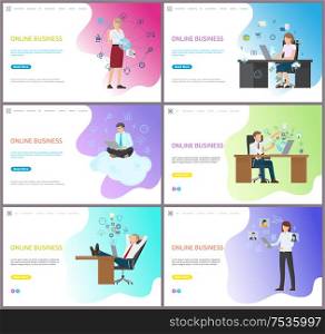 Online business, woman boss sitting on working place vector. Female with cogwheels and gears, processing of company problems, man relaxing on chair. Online Business, Woman Boss Sitting Working Place