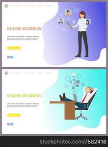 Online business, woman working on laptop web set vector. Businessman relaxing on working place, laptop with cogwheels gears and ideas electric bulb. Website or webpage template landing page flat style. Online Business, Woman Working on Laptop Web Set