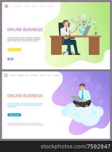 Online business worker sitting on cloud with PC laptop vector. Digital information in web people browsing internet getting information and visual data. Online Business Worker Sitting on Cloud with PC