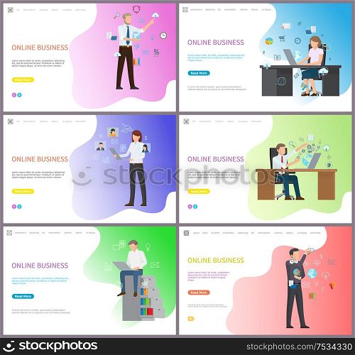 Online business workers in digital platform set of posters with text sample. Global networking man with laptop reading information, distant conference. Online Business Workers in Digital Platform Set