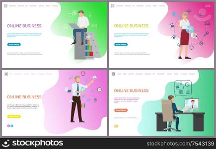 Online business, working male with laptop, searching for information vector. Woman interacting with digital world, charts and analysis of results. Online Business, Working Male Laptop, Searching