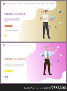 Online business working people, global network vector. Icons of money exchange and data, charts and information in visual representation, computer pc. Website or webpage template landing page in flat. Online Business Working People, Global Network