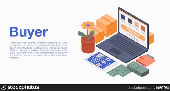 Online buyer concept banner. Isometric illustration of online buyer vector concept banner for web design. Online buyer concept banner, isometric style