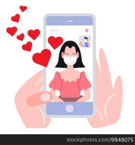 Online call during covid-19 pandemic. Love and valentines day concept flat illustration. Vector EPS10.