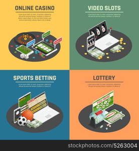 Online Casino 4 Isometric Icons. Online lottery casino sports poker gambling and video slot machines 4 isometric icons concept isolated vector illustration