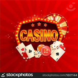 Online casino banner in vintage light frame with poker cards, playing dice, chips, fortune wheel and other gambling design elements. Invitation poster template on shiny background.Vector illustration.. Online casino banner in vintage light frame