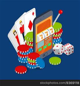 Online casino flat 3d isometric luck success gambling vector concept. Smartphone tablet mobile device spin the wheel jackpot cube. Money game concept