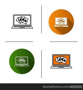 Online casino icon. Flat design, linear and color styles. Laptop display with four aces. Isolated vector illustrations. Online casino icon