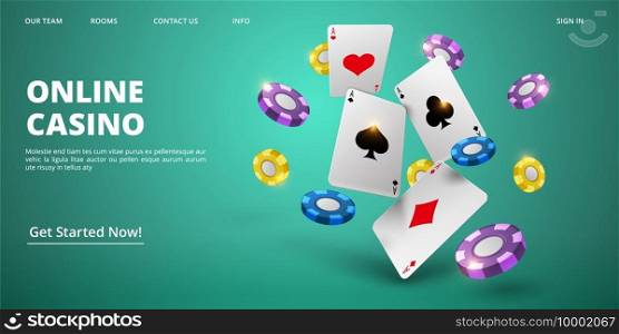 Online casino landing page. Vector realistic cards and chips. Casino web banner template. Illustration casino game poker, jackpot card and gambling. Online casino landing page. Vector realistic cards and chips. Casino web banner template