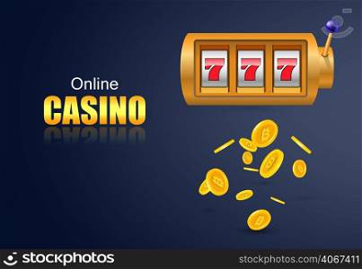 Online casino lettering, slot machine and flying golden coins. Casino business advertising design. For posters, banners, leaflets and brochures.