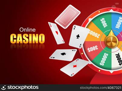 Online casino lettering, wheel of fortune and flying playing cards. Casino business advertising design. For posters, banners, leaflets and brochures.