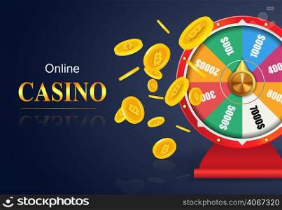 Online casino lettering, wheel of fortune, flying golden coins. Casino business advertising design. For posters, banners, leaflets and brochures.