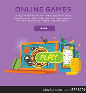 Online Casino on Tablet Computer and Laptop. Online casino on screen of tablet computer and laptop. Online gambling games of fortune entertainment casino. Tablet games icon. Mobile game app. Online poker. Vector illustration in flat style.