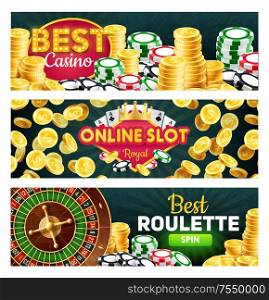 Online casino, royal slots and roulette splits, gambling games. Vector wheel of fortune and money stake, poker card and blackjacks, jackpot winner. Joker gold crown, four aces suits, bets. Royal casino, online slots and gambling roulette