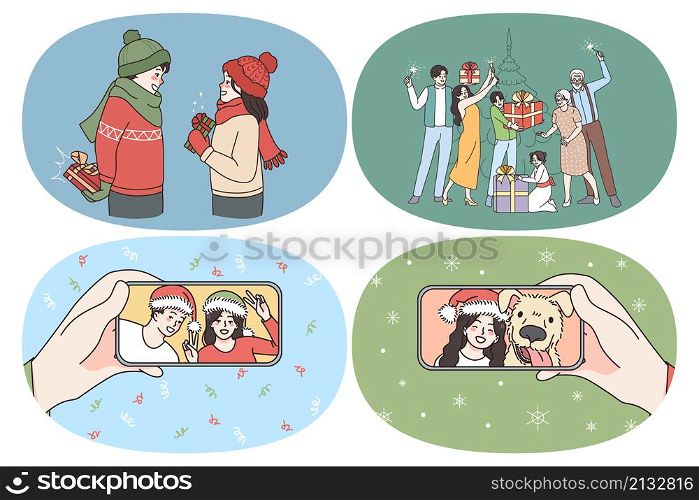 Online celebrating and Christmas concept. Set of young happy people preparing presents celebrating New Year online spending time with family vector illustration. Online celebrating and Christmas concept.