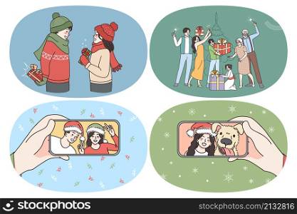 Online celebrating and Christmas concept. Set of young happy people preparing presents celebrating New Year online spending time with family vector illustration. Online celebrating and Christmas concept.