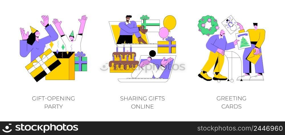 Online celebration abstract concept vector illustration set. Gift-opening party, sharing gifts online, greeting cards, guest invitation, unpacking present, camera, winter holiday abstract metaphor.. Online celebration abstract concept vector illustrations.