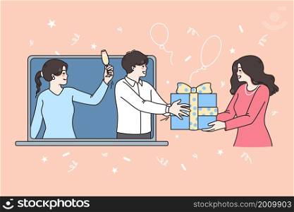 Online celebration and party concept. Smiling people holding champagne giving gifts for holiday online from laptop screen vector illustration . Online celebration and party concept.