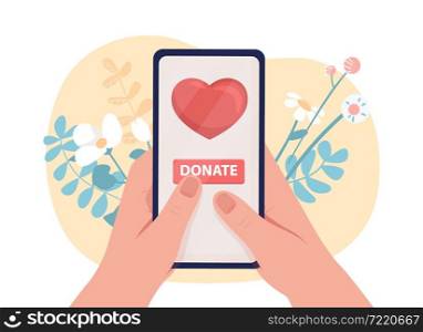 Online charity 2D vector isolated illustration. Access volunteering organization through smartphone. Flat first view hands with mobile phone on cartoon background. Charity work colourful scene. Online charity 2D vector isolated illustration