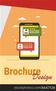 Online chat interface. Smart phone screen with users dialog bubbles flat vector illustration. Messenger, social media, communication, comments concept for banner, website design or landing web page