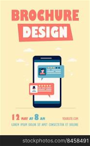 Online chat interface. Smart phone screen with users dialog bubbles flat vector illustration. Messenger, social media, communication, comments concept for banner, website design or landing web page