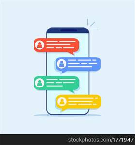 Online chat messages text notification on mobile phone. cartoon smartphone sms speech bubbles push alerts on screen, digital or electronic chatting on cellphone. Vector illustration in flat style. Online chat messages text notification on phone