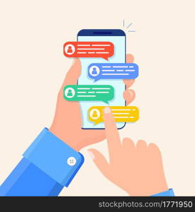 Online chat messages text notification on mobile phone. Hand holds smartphone sms speech bubbles push alerts on screen, digital or electronic chatting on cellphone. Vector illustration in flat style. Online chat messages text notification on phone