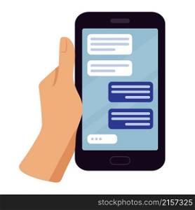 Online chat messages text notification on mobile phone. Hand holds smartphone sms speech bubbles push alerts on screen, digital or electronic chatting on cellphone. Vector illustration in flat style. Hand holding phone with message. Social networking communication,