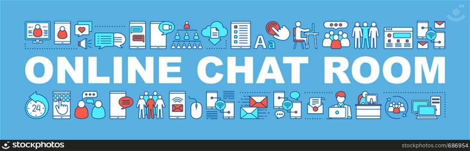 Online chat room word concepts banner. Social media. Internet community. Isolated lettering typography idea with linear icons. Networking. Online communication. Vector outline illustration. Online chat room word concepts banner
