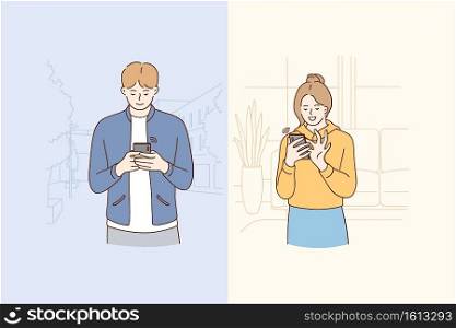 Online chatting and technology concept. Young smiling couple cartoon characters chatting and communicating online on smartphones by messenger and dating online vector illustration. Online chatting and technology concept