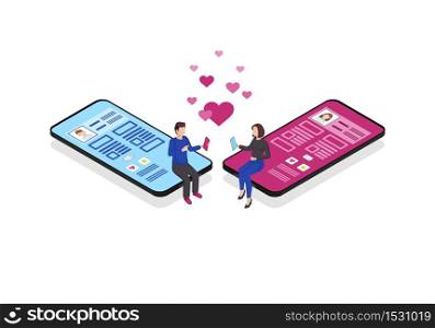 Online chatting isometric color vector illustration. Romantic connection. Persons social network profile. Messaging. Online relationship matchmaking 3d concept. Socializing webpage, mobile app design. Online chatting isometric color vector illustration