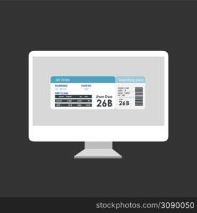 Online check-in with printed boarding pass on monitor screen isolated over black background. Vector illustration. Online check-in with printed boarding pass on monitor screen isolated over black background.