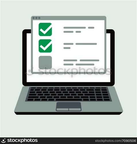 Online checklist on laptop display. Success quiz and exam testing vector concept. Illustration of check list , survey online laptop. Online checklist on laptop display. Success quiz and exam testing vector concept