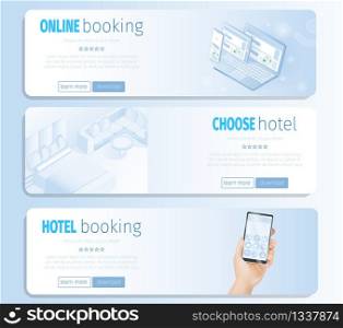 Online Choose Hotel Booking Room Banners Illustration. Notebook Digital Tablet Phone with Hotel Rooms Offers on Screen. Hand Hold Smartphone Home Apartment Reservation Concept Landing Page. Online Choose Hotel Booking Room Vector Banners