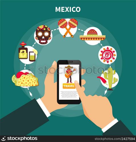 Online choosing travel to mexico and various mexican symbols flat vector illustration. Travel To Mexico Illustration