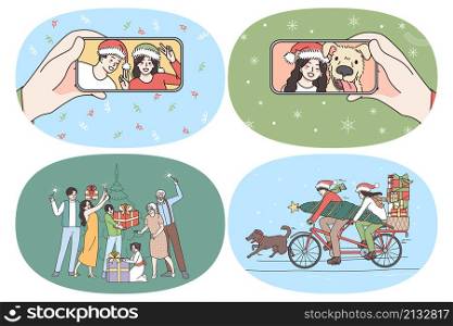 Online Christmas and New year concept. Set of young happy people celebrating New Year online carrying presents holding boxes and decorated traditional tree for holidays vector illustration. Online Christmas and New year concept