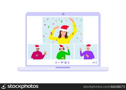 Online Christmas or New Year home party concept. People on laptop screen celebrating, dancing, communicating. Vector flat illustration.. Online Christmas or New Year home party concept. People on laptop screen celebrating, dancing, communicating. Vector flat illustration