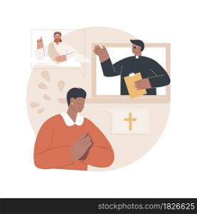 Online church abstract concept vector illustration. Internet church, religious activities, prayer and discussion, preaching, worship services, stay at home, social distancing abstract metaphor.. Online church abstract concept vector illustration.