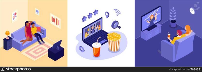 Online cinema design concept with video selection symbols isometric isolated vector illustration