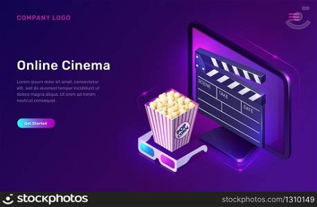 Online cinema or movie, isometric concept vector illustration. Computer monitor or TV screen, popcorn bucket, 3D glasses and clapper on ultraviolet background. Home cinema website landing page. Online cinema or movie, isometric concept