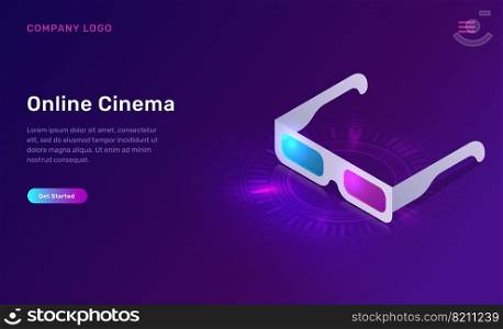 Online cinema or movie, isometric concept vector illustration. 3D glasses icon isolated on ultraviolet background. Home cinema website landing page. Online cinema or movie, isometric concept