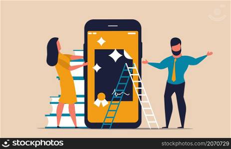Online class training remotely by smartphone. Social distance and gaining knowledge online vector illustration. Man and woman study online college concept. Students and education from home with books